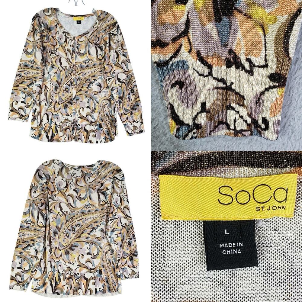 St John SoCa Cardigan Sweater Paisley Stretch Knit Button Front Womens Large